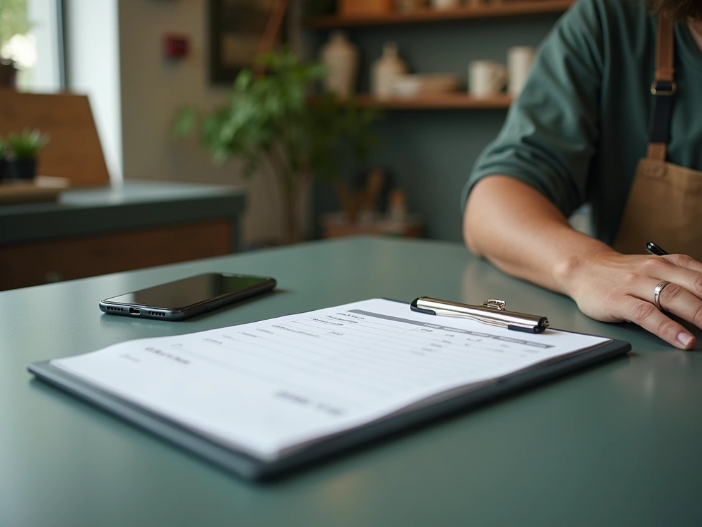 A shop counter with a phone resting beside paper invoices